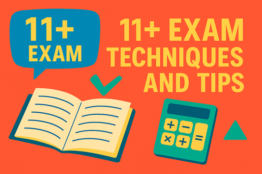 Bright graphic with bold text: 11+ exam preparation tips for before, during and after the test.