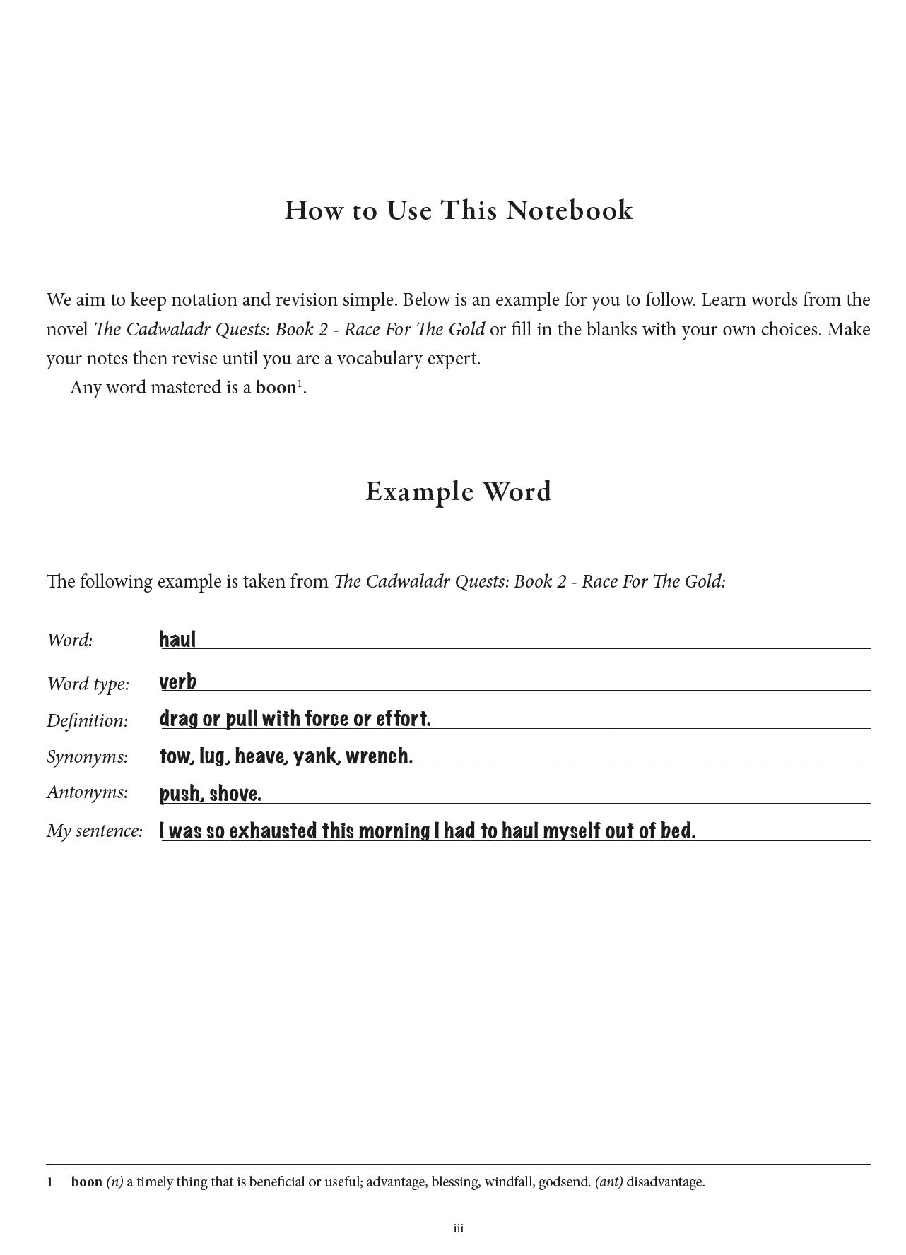 look inside The Cadwaladr Quests: Race for the Gold 11+ Vocabulary Revision Notebook