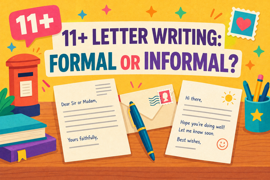 Illustrated 11 Plus letter-writing cover comparing a formal letter and an informal letter, with letters, an envelope and a postbox.
