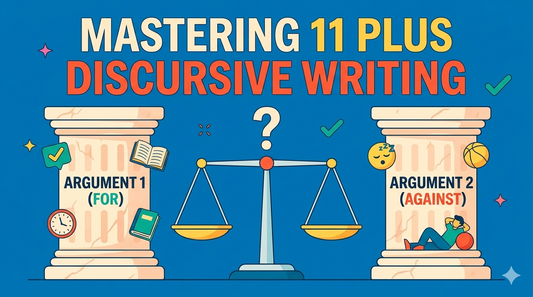 A balanced scale between two pillars showing arguments for and against to explain 11 Plus discursive writing.
