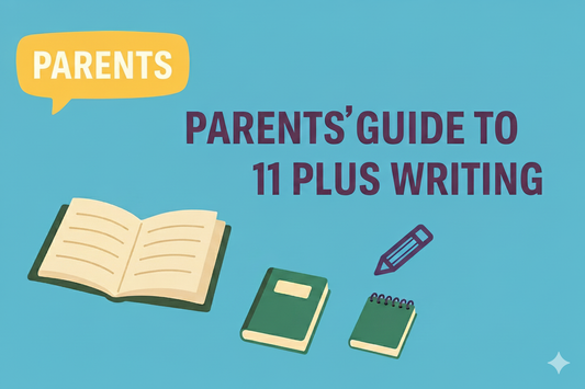 Graphic for blog titled ‘Parents’ guide to 11 Plus writing’ – teal background with a yellow ‘Parents’ speech bubble and icons of an open book, two notebooks and a pencil.