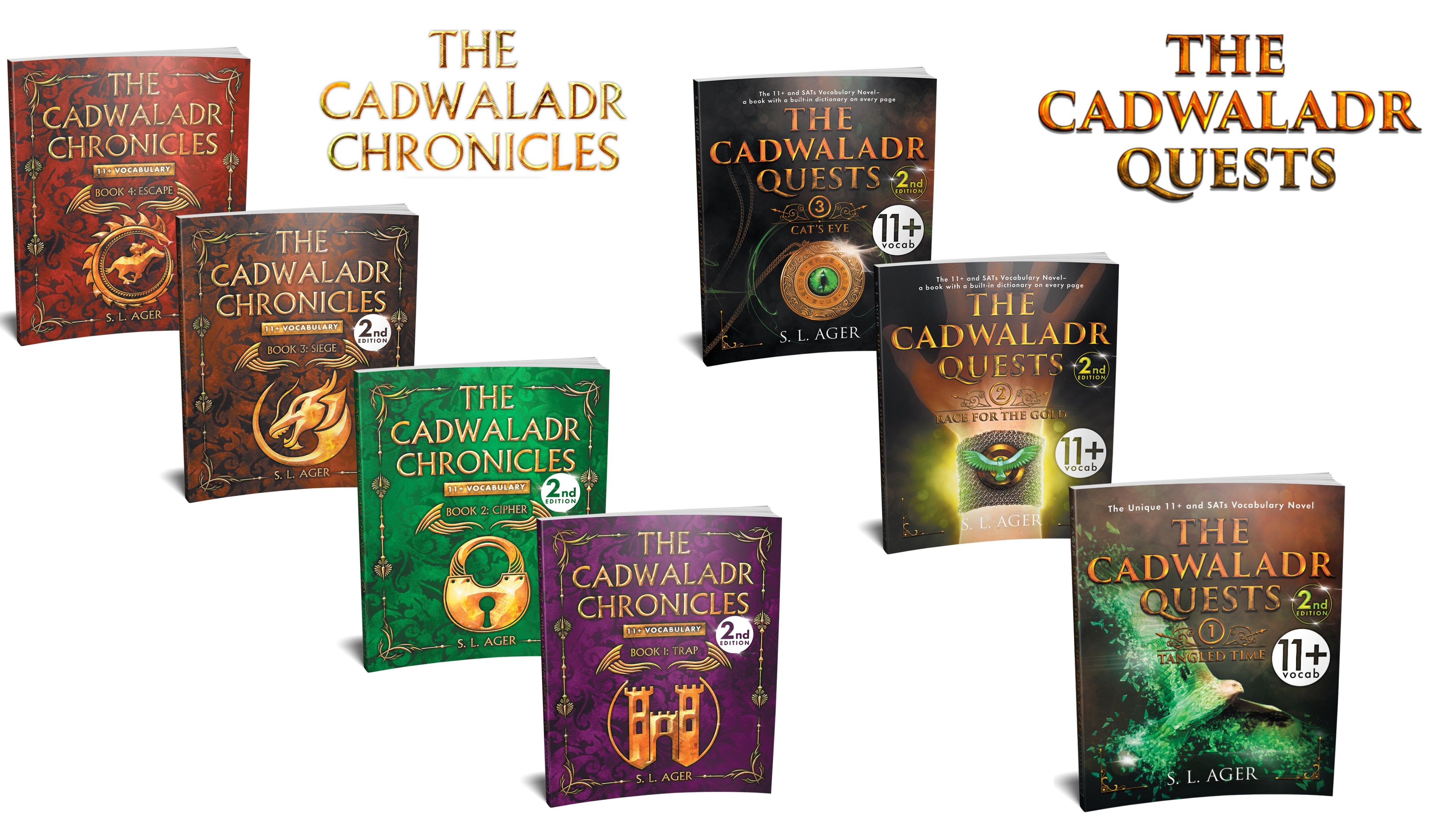 The Cadwaladr Chronicles/ Quests books in Order. Side by Side.