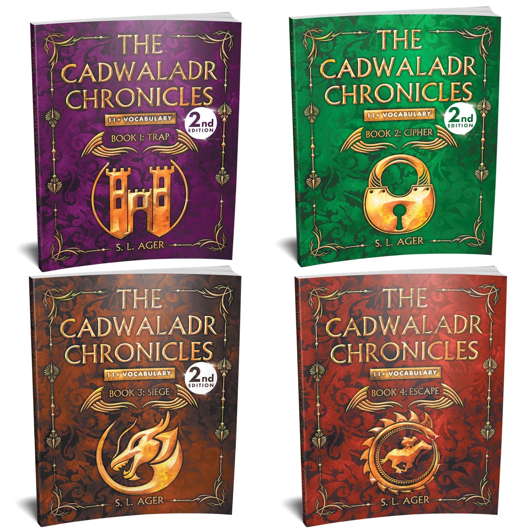 4 Cadwaladr Chronicles 11+ vocabulary novels: Trap and Cipher on the top row with Siege and Escape on the bottom row.